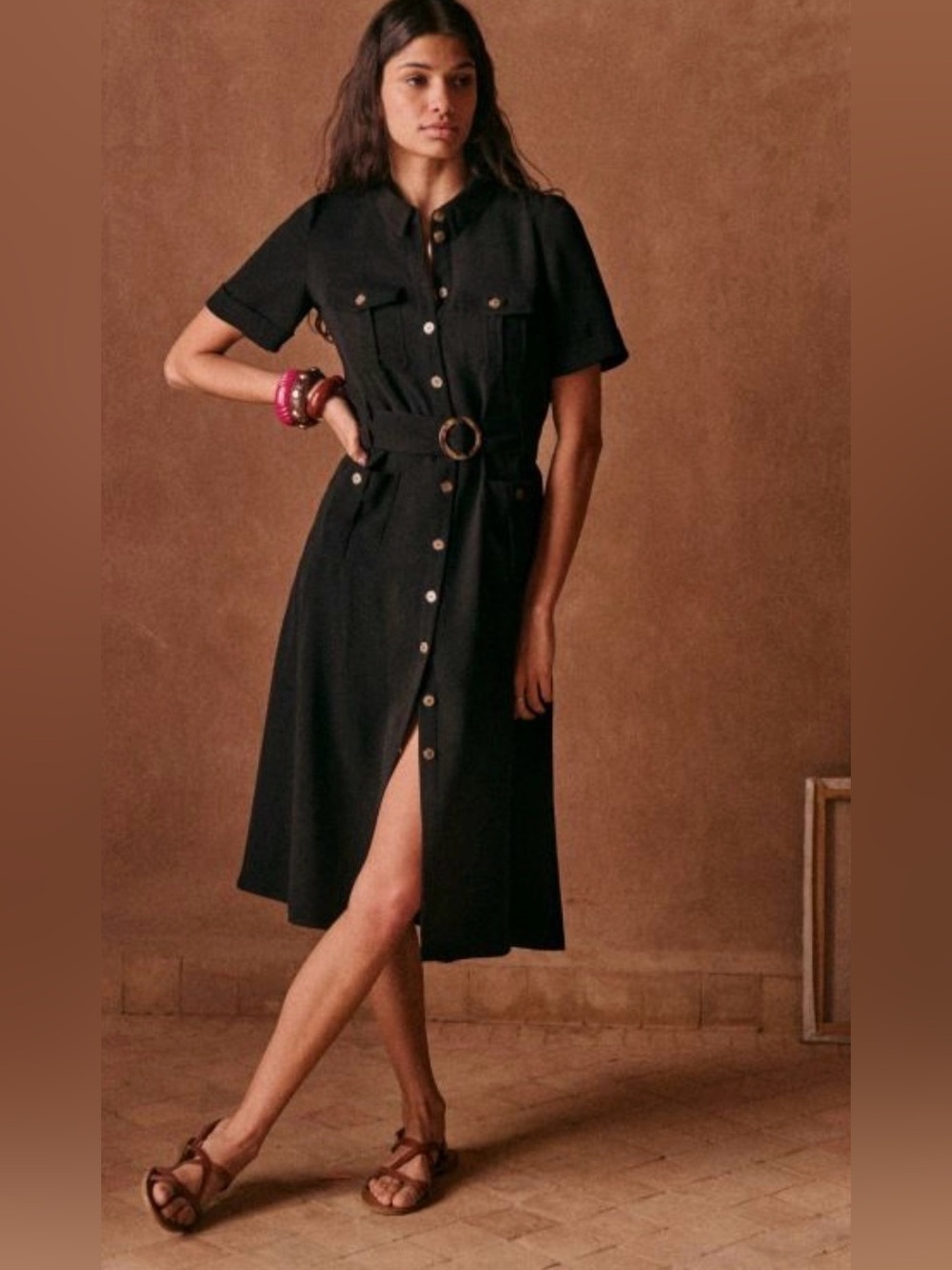 Sézane Black Short-Sleeve Shirt Dress with Belt